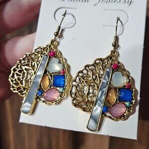 Lovely Faux Mother of Pearl Inlaid Tree of Life Gold-Tone Mixed Metal Earrings